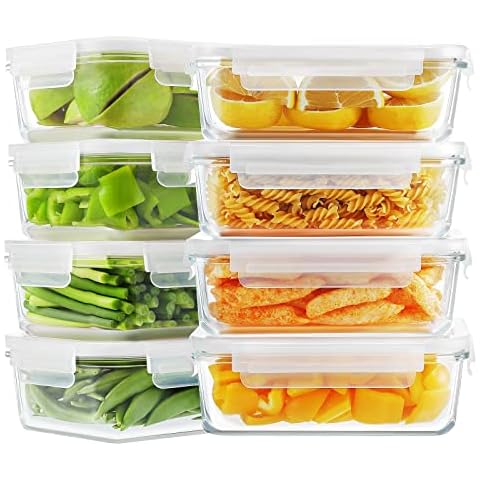 Bayco 8 Pack Glass Food Storage , Meal Prep Containers, Airtight with Lids - BPA-Free & Leak Proof (8 lids & 8 Containers) 30oz Cover