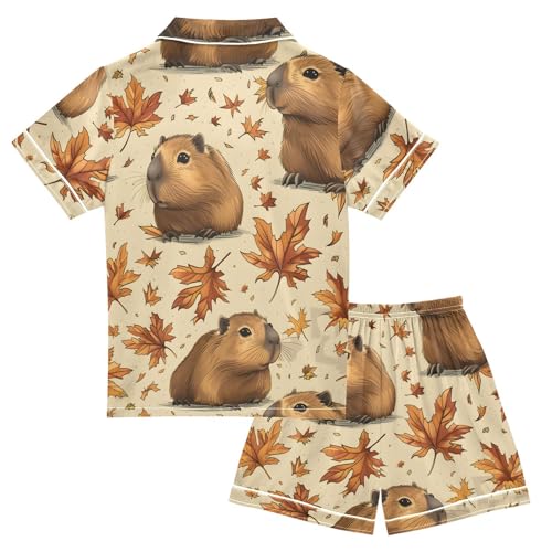 Satin Pajama Sets Short Sleeve Guinea Pigs Among Autumn Leaves Button Down Silky Nightwear 2 Piece PJS 5-14Y2