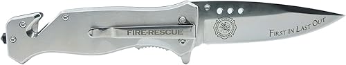 Miniatura 6 de Military Gift Shop Cuchillo de bolsillo para bombero y primer respondiente para hombres  Cuchillo de rescate de EE. UU.  Cuchillo de bombero plateado