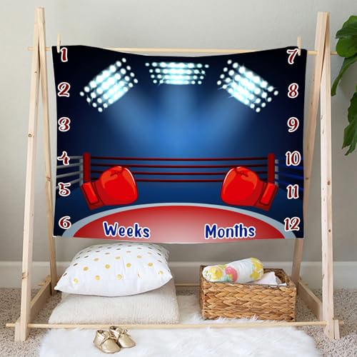 Image of Boxing Theme Baby Monthly Milestone Blanket, 60x40in Soft Flannel, Arena Lights Backgrounds, Newborn Mom Gifts, Boy Baby Shower Age Growth Tracker with Bonus Maker