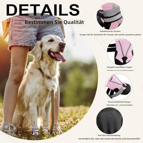Muecleao Hundeschuhe Pfotenschutz, 4 Stück Wasserdicht Anti-Rutsch Hundestiefel mit Rutschfester Sohle und reflektierendem Klettverschluss, Hunde Schuhe für kleine, Mittlere und Große Hunde (Rosa, S)