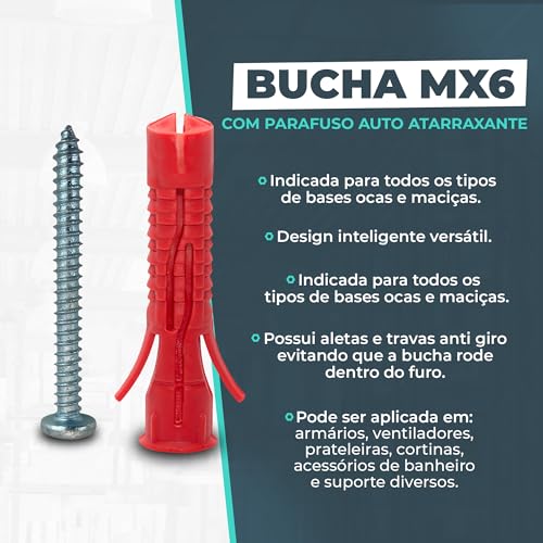 Sfor - Bucha MX 6 com Parafuso Auto Atarraxante Phillips 4,2X38-100 Buchas + 100 Parafusos