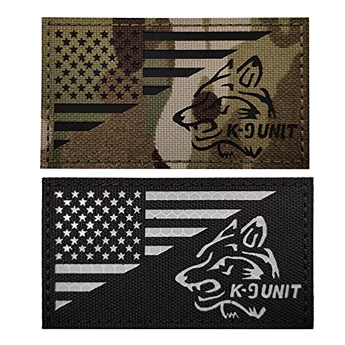 Kseen Tactical K9 Unit Dog Patch K-9 USA Flag IR Infrared Reflective Patches Morale Badges Applique with Hook and Loop Fastener Backing for Medium and Large Animal Vests Harnesses (CP+Black)