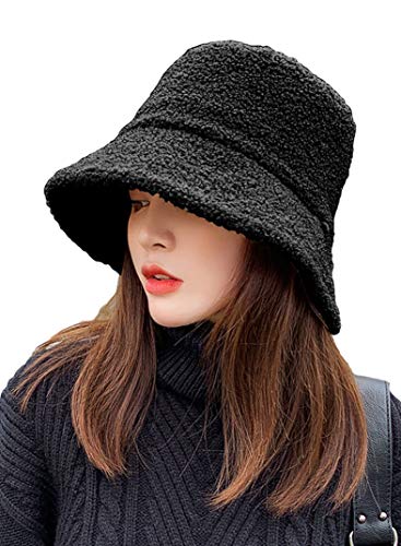 [Miracroute] リバーシブル ボア もこもこ バケットハット サファリハット クルーハット レディース 韓国 暖かい 帽子 防寒 ファッション かわいい あったか クリスマス プレゼント モコモコ ふわふわ おしゃれ ファー 冬 ウール 帽 アドベンチャー バケット ハット あご紐 日除け 紫外線 (ブラック)
