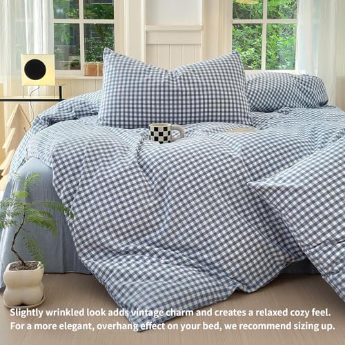 Image of LifeTB Blue Gingham Comforter Set King 3 Pieces Modern Plaid Checkered Pattern Comforter Gingham Bedding Set Fluffy Soft Grid Plaid Bedding Comforter Farmhouse Checkered Comforter Set King Size