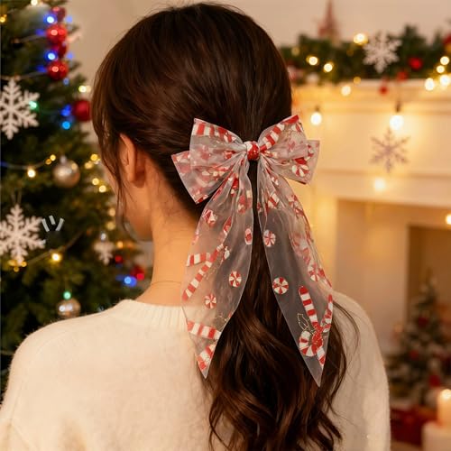 Lazo de cabello con bastón de caramelo navideño para mujer, pinzas grandes para cabello, accesorios para fiestas miniatura 5