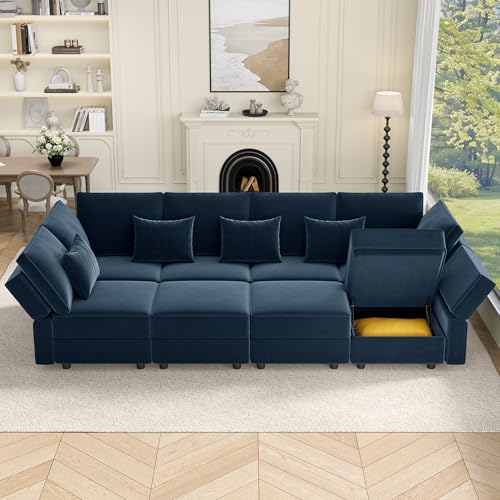 Vesgantti Sectional Sleeper Sofas with Storage, 118" Sofa Bed with 8 Seats Storage Chaises Removeble Cover, Deep Seat Modular Couches Velvet Couch Set for Living Room, Apartment, Home Theatre, Blue