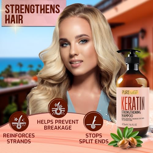 Image of PURE NATURE LUX SPA Keratin Shampoo - Sulfate Free, Strengthening Formula - Repair Damaged and Dry Hair - Products for Women and Men - For Thinning Hair - 16 Fl Oz