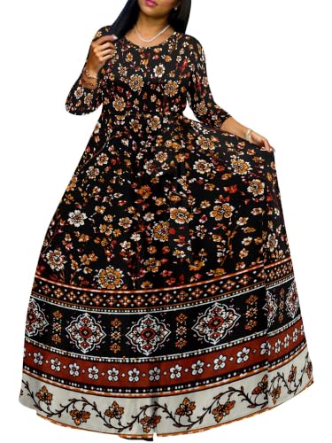 Image of Women Plus Size Long Sleeve V Neck Maxi Dress with Belt | Soft fabric relaxed fit three quarter sleeve v neck with pockets for party and daily wear
