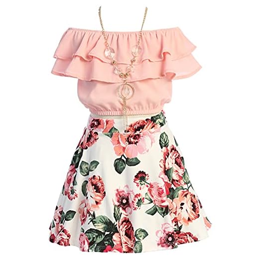 Cold Shoulder Crop Top Ruffle Layered Top Flower Girl Skirt Sets for Big Girl Blush 8 JKS 2130S
