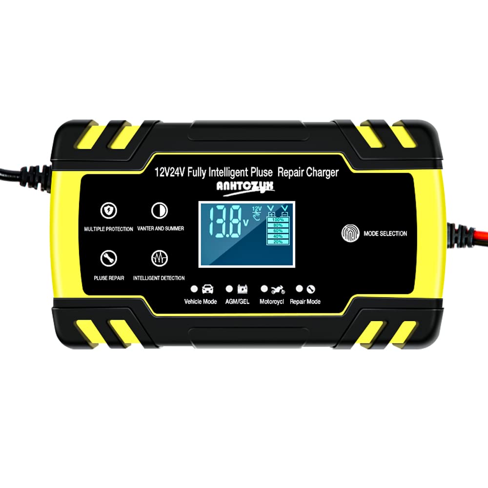 Carica Batterie per Auto Caricabatteria for Auto 12/24V 8A Touch Screen Riparazione impulsi Carica Rapida Display Digitale Caricabatterie Auto (Color : Yellow)