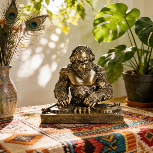 Image of Bigfoot Statue DJ Sasquatch Whimsical Home Decor | Hand-Painted Desk Decor for Yard Patio Office Cabin | Unique Bigfoot Sasquatch Gifts for Men Cryptid Enthusiasts Music Lovers