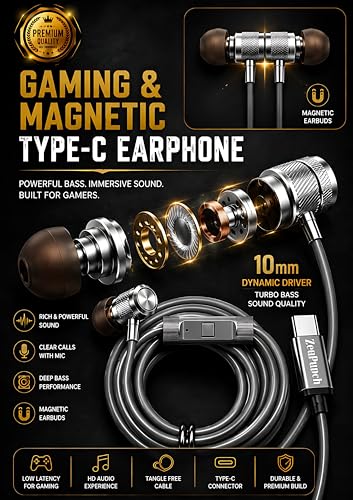 Image of Gaming & Magnetic Type-C Earphone, Wired, with Inline Microphone, Metal Build Silvar Gray
