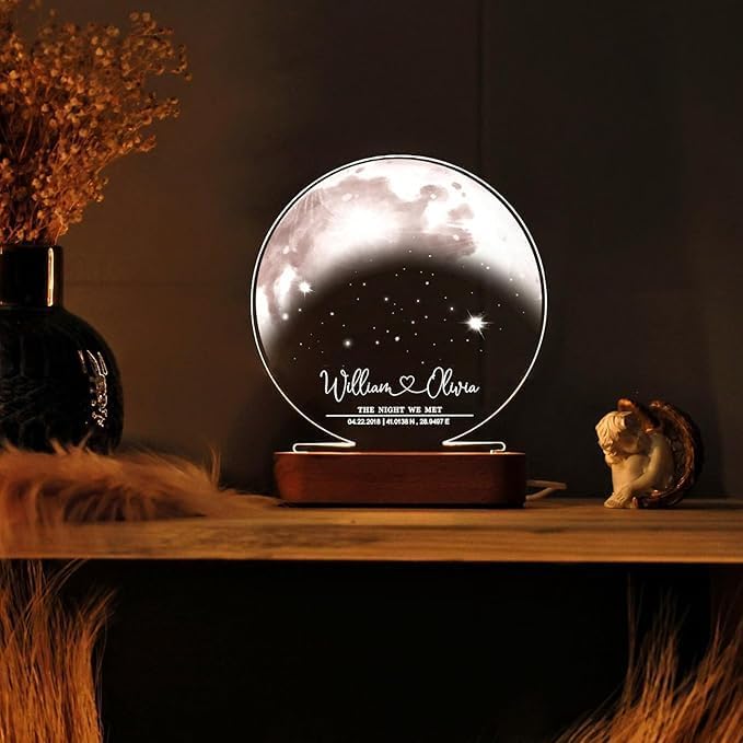 Personalized Moon Phase LED Night Light – Custom Star Map Acrylic Lamp with Names & Date – Romantic Lunar Light for Couples, Anniversary, Wedding, Valentine’s Day – USB-Powered Home Décor (Model 5)