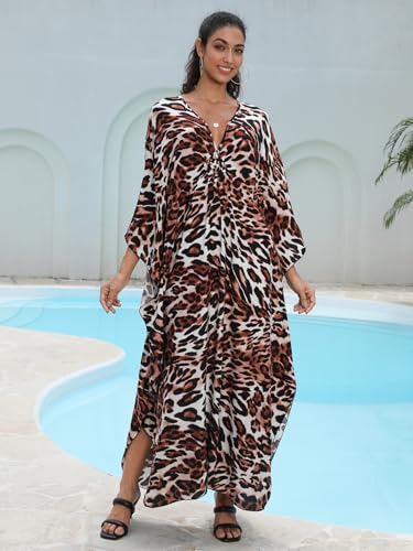 Image of IMAGEKOPE Women's Plus Size Animal Print V-Neck Batwing Kaftan Beach Dress Bathing Suit Cover-Up Loungewear