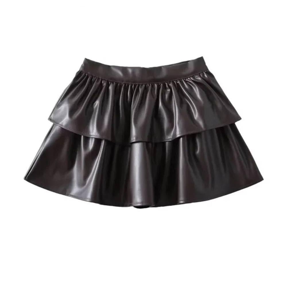 SWEPER Jupe Courte Femme - Jupe Demi-Corps Plissée en Cuir PU, Taille Haute, Double Ligne A, Pelucheuse, Anti-Brillance