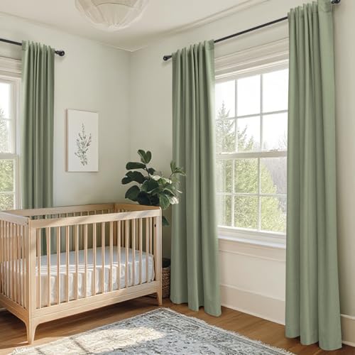 Image of 100% Blackout Shield Linen Blackout Curtains for Bedroom 84 Inches Long, Back Tab /Rod Pocket Living Room Drapes, Thermal Insulated Blackout Curtains 2 Panels Set, 50 inch W x 84 inch L, Sage