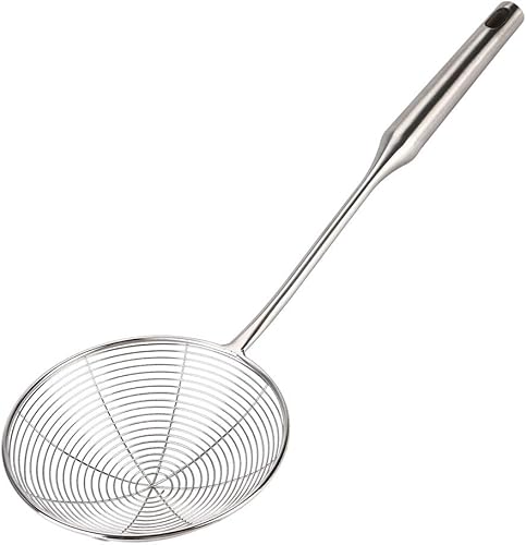 Miniatura 10 de Cuchara espumadera para freír filtro de malla de aceite de araña, acero inoxidable, metal asiático, grande, pescado, francés, redondo, ranurado,