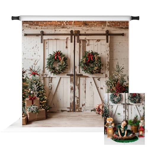 Toile de fond grange de Noël Kate avec sapins et cadeaux blanc shabby chic 2,4x2,4m
