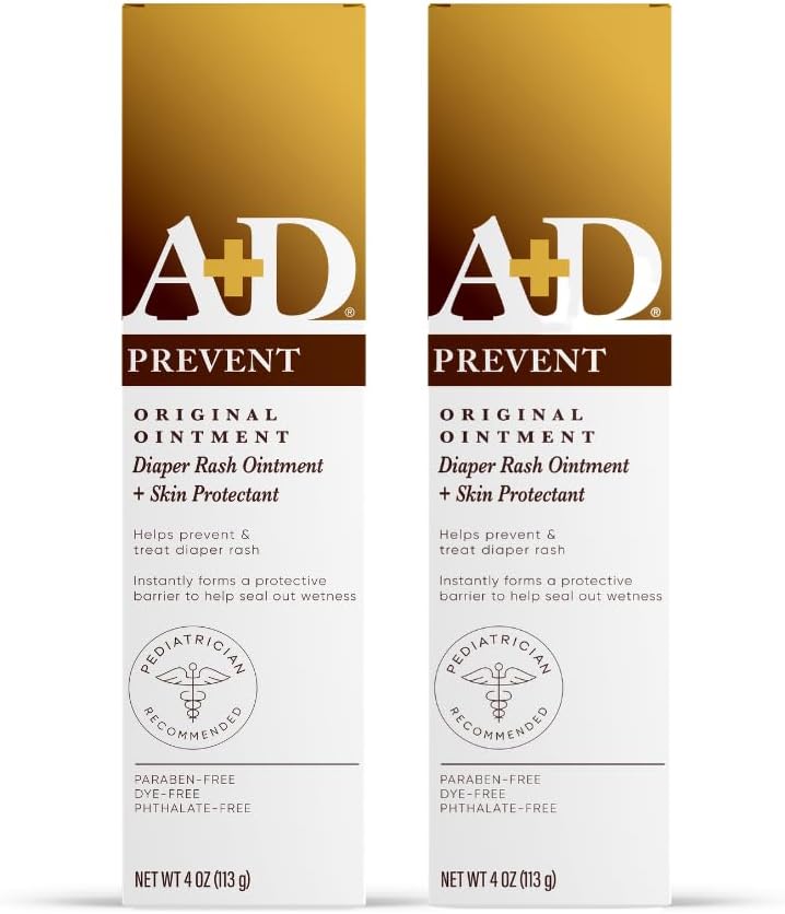 A+D Original Diaper Rash Ointment - Prevents & Protects Diaper Rash - Moisturizing Skin Protectant With Vitamins A & D - Healing Ointment for Dry and Cracked Skin - 4oz, 2 Pack
