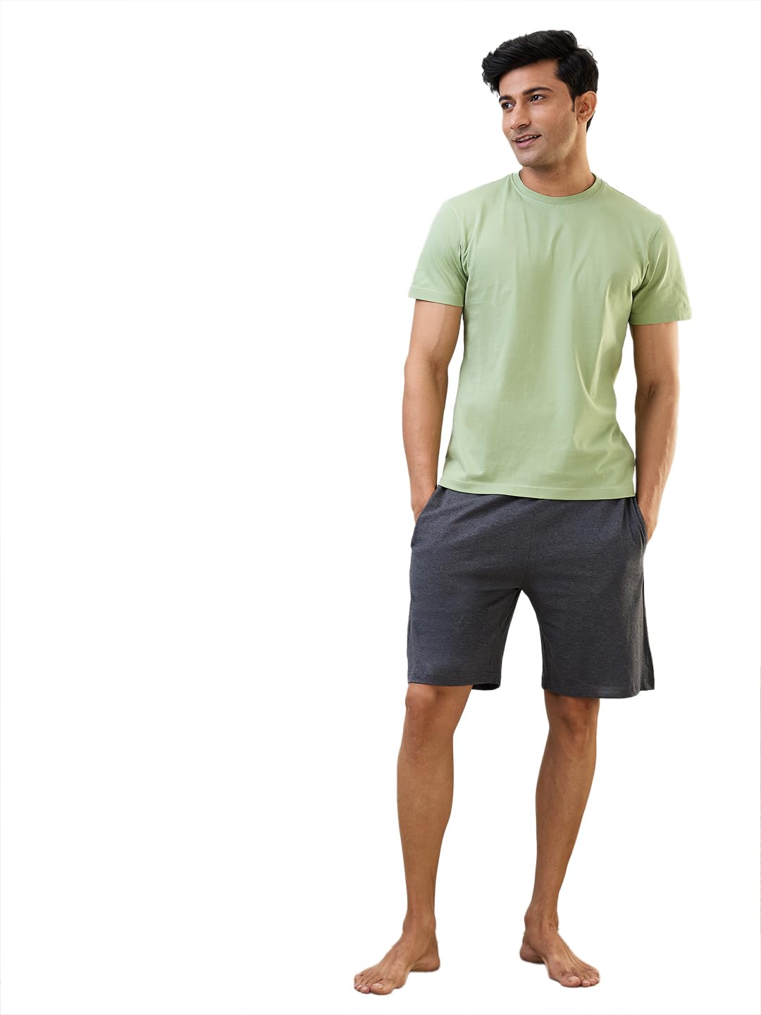 SleepZ Men Regular Fit Solid Pattern Pure Cotton Round Neck T Shirt with Shorts