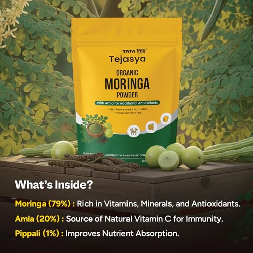 Image of Tata 1mg Tejasya Organic Moringa Powder | Ayurvedic Superfood for Weight Management & Immunity and Detox | With Amla & Pippali for Better Absorption | Non-GMO & Preservative-Free | 200 g