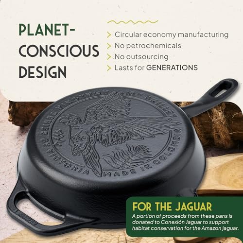 Image of Victoria Cookware 10-Inch Amazonia Cast Iron Skillet, Decorative Preseasoned Frying Pan with Cast Design, Made in Colombia, Macaw