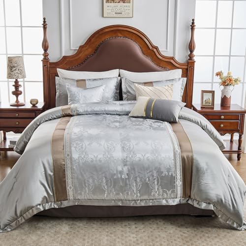 Image of CozyDH Silver Grey Queen Comforter Set - Luxury 7 Piece Light Gray Jacquard Damask Silky Bed in a Bag, Modern All Season Down Alternative Bedding with Bed Skirt, Shams, Decorative Pillows