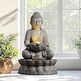 Zeitklang 21.6 Inch Buddha Outdoor Freestanding Fountain, Water Fountain with LED Lights, Indoor & Outdoor Decorative Resin Waterfall Feature for Patio, Backyard, Porch & Home Decor, Light Gray
