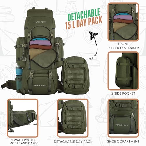 Image of Hyper Adam 95 Ltr Rucksack With Detachable Hiking Backpack & Rain Cover for Trekking & Travelling | Mountain Bags For Men & Women| Backpack Military Grade Made With 3 Year Warranty