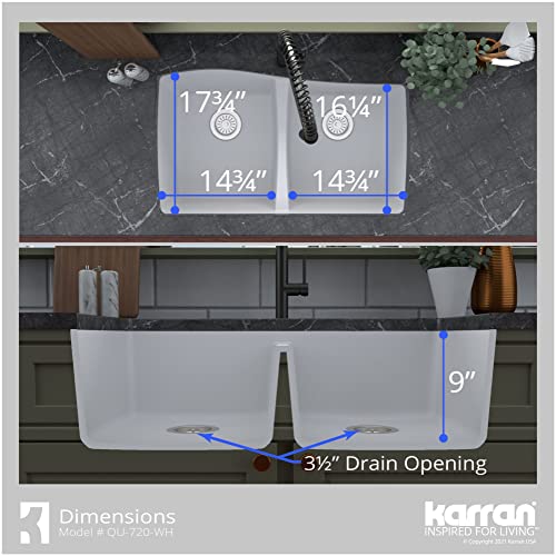 Karran QU-720 Undermount Quartz Composite 33 in. 50/50 Double Bowl Kitchen Sink Kit in White