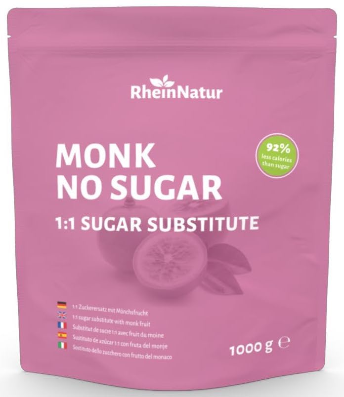 RheinNatur dulcorante Edulcorante natural de fruta del monje 1 kg - Sustituto 1:1 de azúcar a base de fruta del monje y eritritol - Apto para veganos y diabéticos - Envase de 1000 g