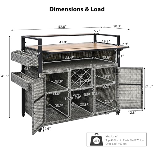 Image of Merax 52.8 inch W Wicker Outdoor Grill Cart with Extended Plastic Wood Table Top, Rolling Kitchen Island on Wheels with Storage Cabinet, for Patio Backyard Garden Poolside, Double Handle Design, Grey