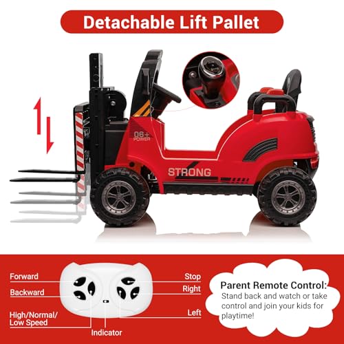 12V Kids Ride On Forklift Car, Electric Ride On Construction Car Toy for Toddles With Remote Control, Liftable Fork and Pallet, Low-Power Alarm, 2 Speeds, Music, Red