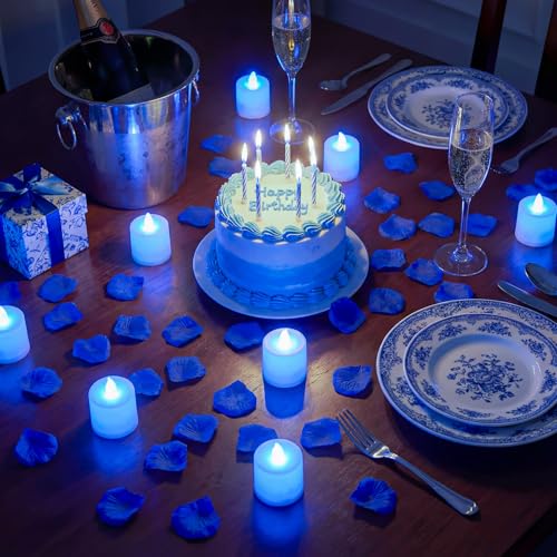 Image of Blue Happy Birthday Balloons Decorations Happy Birthday Letter Balloons Banner Set with 24pcs Round Flameless LED Candles and 2000pcs Artificial Rose Petals for Women Men Room Party Decor