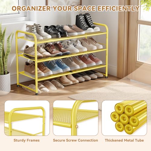 Image of Mesh Shoe Rack, Closet Metal Shoe Organizer Shelf Heavy Duty, Gold | 3-Tier 33 inch Wide Shoe Storage Stackable for Entryway