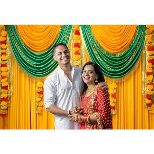 Image of 10x6.5ft Indian Traditional Backdrop Photography Yellow Green Curtain Wreath Photography Background Indian Festival Decors Wedding Banner Bridal Shower Decors for Couple Bride Studio Props