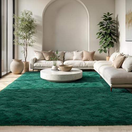 Zentavio Dark Green Area Rugs for Living Room Emerald Green Rugs for Bedroom 8x10 Fluffy Fake Grass Large Carpet for Kids Room Playroom Furry Shag Aesthetic Soft High Pile Washable Home Decor