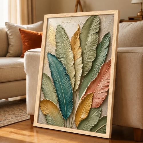 Image of PAINTINGMANTRA Textured Embossed Leaf Framed Wall Art Painting for Wall Decoration, Multi-Color Feather & Leaf Motifs Poster with frame for Living room, bedroom, Home and office, 10x13 Inch