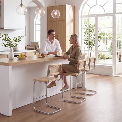 Image of Flouki Counter Stool Rattan Set of 2, Rattan Counter Height Stools with Wood Back, 24 Inch Modern Bar Stools, Mid Century Cantilever Counter Chairs for Kitchen Island, Chrome Legs