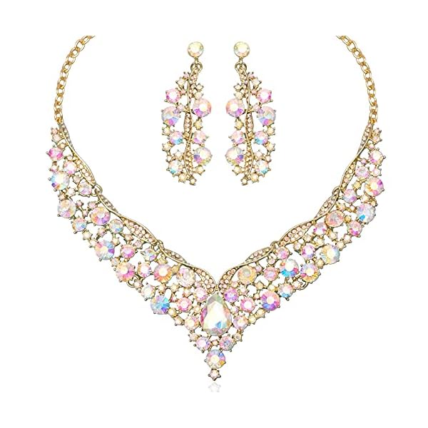 chaoyite Elegant Austrian Crystal V-Shaped Statement Necklace Earrings Set Bridal Wedding Prom Costume Jewelry For Bride Bridesmaid