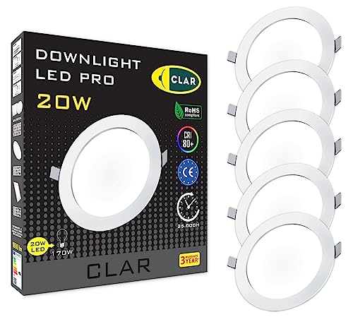 CLAR LED Einbaustrahler Rund 230V – Decken Downlight Panel Light 20W (Pack 5)