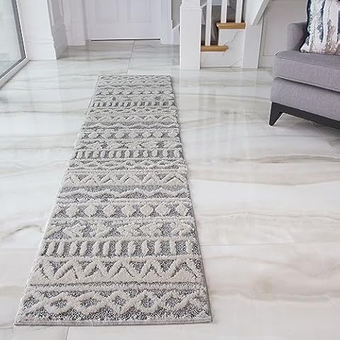 Plush Grey Cream Tribal Geometric Runner Rug Cover