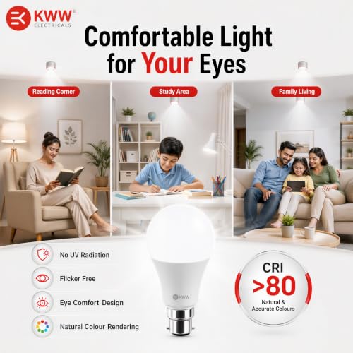 Image of KWW 9W LED Bulb B22 White | LED Bulb 9 Watt for Home | 9watt Led Kitchen Bulb | 900 Lumens | BIS Approved | Flicker Free | Eye Comfort | 240 Wide Angle | 1 Year Warranty