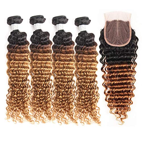 Finest Remy Brazilian Deep Wave 100% Unprocessed Virgin Brazilian Hair 4 Bundles 7A Deep Curly Human Hair Extensions (16161616+14, 1B/30 7A)