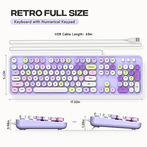 Image of MOFII Computer Keyboard Wired,Round Key Retro Typewriter Keyboard Full Size | USB Plug and Play, for Laptop, PC, Desktop, Windows (Purple Colorful)