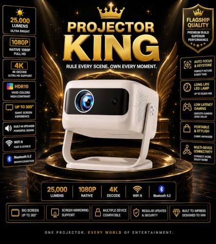 Image of Reysol Projector|Native 1080P|4K Support|WiFi|Miracast|Brighter 25000 lumens|Auto Keystone (25000 lm / 1 Speaker /Wireless /Remote Controller) Portable Projector (White)