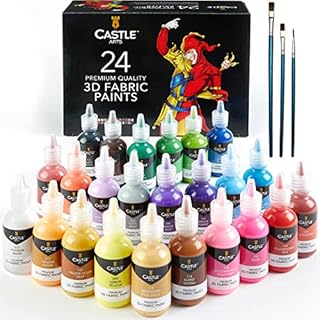 Castle Art Supplies 3D Fabric Paint Set | 24 Quality Vibrant Colours in 29ml Bottles | for Artists; for Crafters; for Fun | Clothing, Textile, Canvas, Glass, Wood, Shoes | in Strong Selection Box