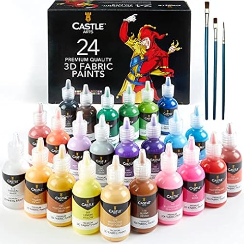 Castle Art Supplies 3D Fabric Paint Set | 24 Quality Vibrant Colours in 29ml Bottles | for Artists; for Crafters; for Fun | Clothing, Textile, Canvas, Glass, Wood, Shoes | in Strong Selection Box Cover