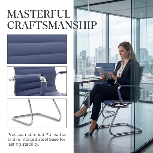 Image of Conference Room Chairs Set of 4, Office Guest Chair with Armrests, Faux Leather Upholstery & Metal Sled Base, Comfortable Meeting Room Chairs for Office /Reception /Conference, Navy Blue